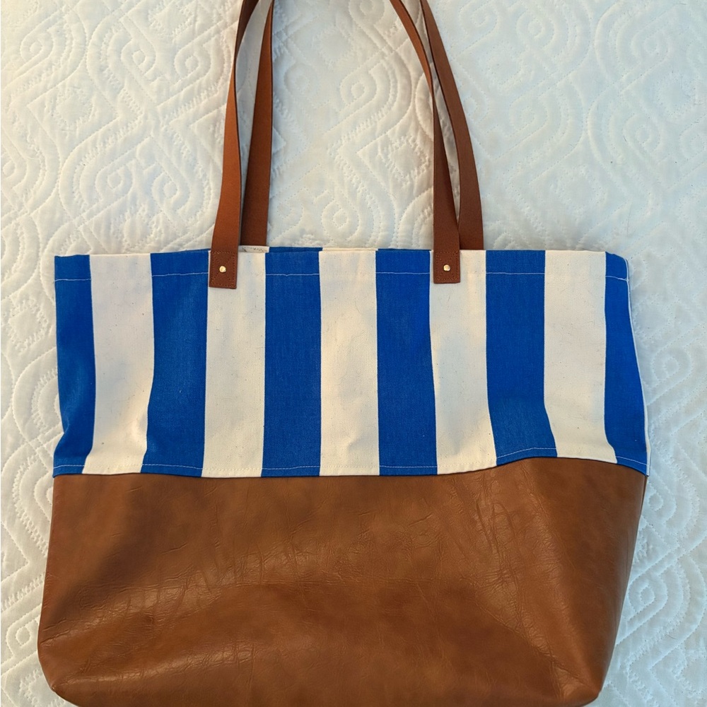 Striped Blue and Brown leather Tote Bag